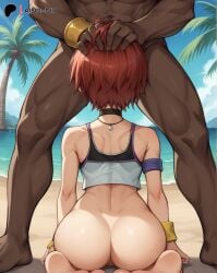 ai_generated ainoob17 back_view beach blue_eyes bottomless dark-skinned_male hand_on_head kairi kingdom_hearts open_mouth rape red_hair tagme tears