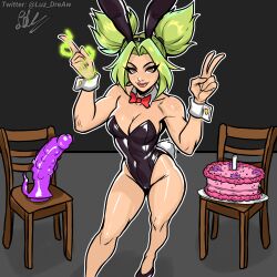 bare_legs big_dildo bunny_ears bunnysuit cake dildo female green_hair league_of_legends league_of_legends:_wild_rift playboy_bunny sexy_pose solo zeri_(league_of_legends)