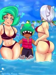 ass beach beach_background big_ass big_breasts big_butt big_thighs bikini brawl_stars butt_focus colette_(brawl_stars) estilo_fresco focus_on_ass green_hair leon_(brawl_stars) lola_(brawl_stars) two_girls white_hair