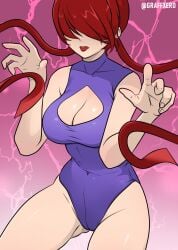 1girls big_breasts electricity graffxero hands_up king_of_fighters light-skinned_female light_skin lighting long_hair nuevaera one-piece_swimsuit open_legs ponytail ponytails purple_swimsuit red_hair shermie_(kof) swimsuit tied_hair