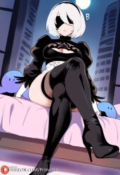 ai_generated ass bodysuit boots covered_eyes crossed_arms crossed_legs expressionless female from_below full_body gloves heels hips large_ass nier:_automata primosan puffy_sleeves pussy pussy_juice short_hair sitting standing white_hair yorha_2b