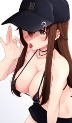 1girls black_headwear blush breasts brown_eyes brown_hair hololive hololive_gen_0 hololive_japan large_breasts long_hair looking_at_viewer open_mouth solo tokino_sora tongue tongue_out virtual_youtuber zabudog777