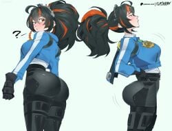 1girls artist_name ass big_ass big_butt black_hair clothed clothed_female clothing female female_only flytrapxx high_resolution highres ponytail red_hair simple_background solo solo_female streaked_hair zenless_zone_zero zhu_yuan