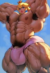 abs ai_generated ambush_(trap) armpit_hair bulge chest_hair extreme_muscles genderswap_(ftm) hairy_armpits hairy_arms hairy_chest hyper_muscles male male_only mario_(series) muscular muscular_male princess_peach rule_63 sewoh solo