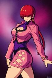 1girls big_ass big_breasts big_breasts big_butt buttons clothed cute earrings jacket king_of_fighters light-skinned_female light_skin long_hair open_clothes ponytail ponytails pose red_hair shermie_(kof) skirt standing tied_hair