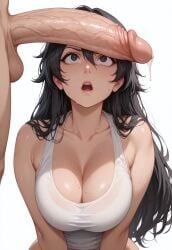 1boy 1girls ai_generated bambietta_basterbine big_ass big_breasts black_eyes black_hair bleach breasts curvy curvy_female curvy_figure dripping_precum highres long_hair long_penis open_mouth penis penis_awe simple_background sleeveless standing suprised surprised_expression sweating sweaty_breasts testicles veiny_penis white_shirt