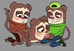 ambiguous_penetration angus_(max_design_pro) anthro anthro_on_anthro brown_fur gay max_(max_design_pro) max_design_pro maxdesignpro monkey oral polo_(max_design_pro) threesome