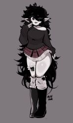 :3 black_hair elf_ears exposed_shoulders female grey_body grey_skin leg_warmers legwear messy_hair skirt thick_thighs thighs white_body white_skin