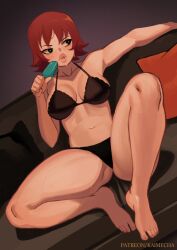 1girls black_eyes black_underwear female food freckles heart-shaped_pupils ice_cream kaimecha kim_pine popsicle red_hair scott_pilgrim short_hair sofa solo solo_female spread_legs sweat underwear