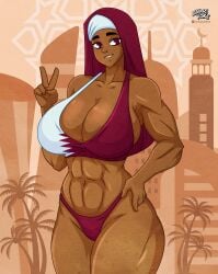 1girls alvarikokearte big_breasts breasts cleavage collarbone dark-skinned_female dark_skin female female_focus female_only headwear hijab human large_breasts original original_character revealing_clothes solo solo_female thick_thighs