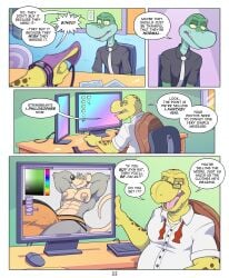 2024 4_fingers anole anthro anti_dev big_bulge black_clothing black_shirt black_topwear blue_body blue_countershading bow_tie bulge chair chin_spikes clothed clothing comic countershade_face countershading desk detailed_bulge dialogue digital_drawing_(artwork) digital_media_(artwork) duo english_text eyewear facial_spikes fingers furniture genital_outline glasses green_body green_eyes green_scales half-closed_eyes hands_behind_head hi_res holding_clothing holding_jockstrap holding_object holding_underwear huge_bulge humanoid_hands hyper hyper_bulge inside jim_rat jockstrap lizard looking_at_another male mammal mature_anthro mature_male mr._swift_(anti_dev) murid murine narrowed_eyes necktie office on_chair penis_outline purple_clothing purple_jockstrap purple_underwear rat reptile rodent scales scalie sea_turtle shirt sitting sitting_on_chair slim slim_anthro slim_male speech_bubble spikes spikes_(anatomy) table text topwear tripp_(anti_dev) turtle underwear untied_bow_tie wearing_glasses white_clothing white_necktie white_shirt white_topwear window yellow_body yellow_scales yellow_sclera