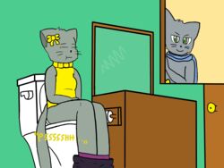 2018 anonymous_artist anthro bathroom bittersweet_candy_bowl brother clothed clothing duo feline female fur hair_ribbon hairbow haley_(bcb) hi_res male mammal mike_(bcb) peeing ribbons sibling sister sitting straight teenager toilet toilet_use urine webcomic young