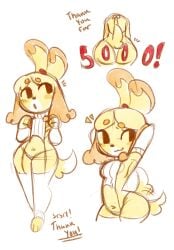 1girls 2024 animal_crossing areola_slip areolae arms_behind_head ass blonde_hair breasts canine clothing female female_only isabelle_(animal_crossing) milestone_celebration navel nintendo pink_nipples shizuearts sketch solo solo_female tail thick_thighs yellow_fur