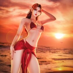 1girls beach bikini blood_elf blue_eyes character_request cute elf female lidcarter light-skinned_female long_hair looking_at_viewer no_sex petite pointy_ears red_hair red_lipstick seductive_look slim solo sunset world_of_warcraft