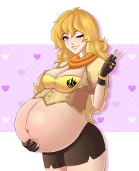 1girls ashantydrill blonde_hair blush breasts edit female fingerless_gloves holding_belly human hyper_belly large_breasts peace_sign popped_navel pregnant purple_eyes ready_to_pop rwby thick_thighs viz_media wide_hips yang_xiao_long