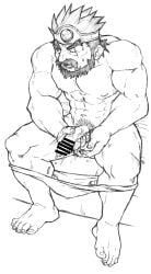 balls bar_censor bara beard boner censor_bar censored censored_penis dragon_quest dragon_quest_iii erection facial_hair male male_only masturbation monochrome muscles muscular ortega_(dq3) penis saba_ice sitting solo solo_male underwear_down