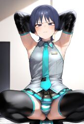 ai_generated arms_behind_head blackcatmeow cosplay genshin_impact hatsune_miku_(cosplay) legs_spread scaramouche_(genshin_impact) squatting