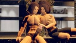 3d abs big_breasts big_penis black_clothing brown_hair burntspice2 futa_on_futa futa_only holding_breast holding_penis imminent_handjob muscular_futanari night nude partially_clothed public public_nudity rec_room recroom recroom-nsfw shorts taylor_greene_(character) topless topless_futanari wendy_lara_(character)