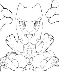2018 2boys 3_fingers 3_toes anal anal_sex animal_genitalia animal_penis anthro arms_up balls belly big_ears big_feet big_penis canine canine_penis ear_grab erection feet first_person_view furry gay hindpaw holding interspecies knot long_ears looking_at_viewer lucario male male_only male_pov monochrome nintendo no_nipples pawpads paws penetration penis pokemon pokemon_(species) pokemon_dppt pov riolu sex size_difference sketch small_penis spread_legs spreading testicles thick_thighs toes tricksta video_games white_background yaoi