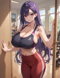 5_fingers ai_generated doorway gym historyia jpeg leggings long_hair midriff original original_character sports_bra witch_gem_disaster yoga_pants