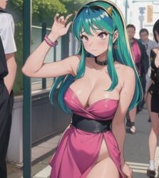 ai_generated bracelet breasts cleavage clothing dress female_focus female_only girl lum menda69 multiple_boys no_panties sexy_pose street urusei_yatsura walking