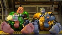 16:9 3d_(artwork) 5_toes alien alternate_version_available anthro arkillo balls darkviperbara dc dc_comics digital_media_(artwork) duo erection feet genitals green_lantern green_lantern_(series) hi_res humanoid humanoid_feet hypnotic_eyes kilowog male masturbation muscular muscular_anthro muscular_male penis plantigrade power_ring ring sinestro_corps soles toes widescreen yellow_lantern