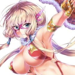 1girls arm_up armpits bare_shoulders blonde_hair blue_eyes cleavage clenched_teeth elbow_pads eye_mask female female_focus female_only fingerless_gloves hair_tubes half_gloves karen_puella_eurydice large_breasts long_hair mask night_bound_aubade nipple_bulge o-ring_top official_art parted_lips ran ran_(yamatoagu) revealing_clothes simple_background teeth upper_body white_background wrestler wrestling_outfit