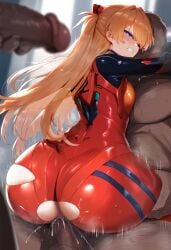 1girls 2boys ai_generated angry asuka_langley_sohryu bodysuit imminent_anal neon_genesis_evangelion sex sitting_on_person straddling torn_bodysuit