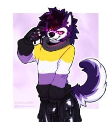 2023 ambiguous_anthro ambiguous_gender anthro biped black_hair canid canine clothing fox fur goo_drip goo_suit hair hi_res hypnotic_eyes hypnotizing_viewer lgbt_pride looking_at_viewer maefeline mammal nonbinary_pride_colors pride_colors purple_body purple_fur ringed_eyes simple_background slim_ambiguous slim_anthro smile solo sweater topwear white_body white_fur