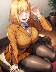 1girls ai_generated alternate_breast_size big_breasts bostin breasts busty curvaceous curvy curvy_body curvy_female curvy_figure female huge_breasts large_breasts midorikawa_hana pantyhose prison_school sitting skirt solo sweat sweating sweaty sweaty_body sweaty_breasts thick_thighs thighs voluptuous