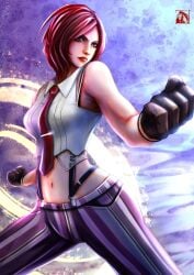 1girls big_ass big_butt clothed female gloves king_of_fighters light-skinned_female light_skin pants red_eyes red_hair shirt short_hair standing tie vanessa_(kof) white_shirt