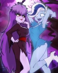 2girls bare_legs blue_skin breasts centinel303 cleavage cute_fang dress fangs female female_only ghost ghost_girl ghoul_schools lipstick monster_girl phantasma_phantom purple_hair purple_skin red_eyes scooby-doo scooby-doo_and_the_ghoul_school sharp_fingernails short_dress short_skirt sibella_dracula vampire vampire_girl