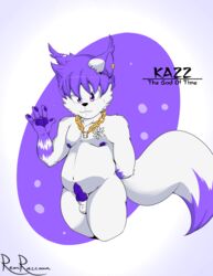 4_fingers anthro balls canine cel_shading character_name ear_piercing english_text erection fox fur hair hi_res jewelry kazz_(remiraccoon) knot looking_at_viewer male male_only mammal navel necklace nipples nude pawpads penis piercing purple_eyes purple_fur purple_hair remiraccoon signature simple_background slightly_chubby small_penis solo text white_fur young