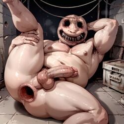 ai_generated anal_gape anus ass balls bara barazoku buckshot_roulette dealer_(buckshot_roulette) fat fat_ass fat_man gape gaping gaping_anus gay hand_behind_head humanoid inviting leg_lift lying_on_ground male_only mantits moobs nightmare_fuel nipples no_eyes on_back one_leg_raised one_leg_up overweight overweight_male pecs penis presenting presenting_hindquarters sharp_teeth spreading stable_diffusion