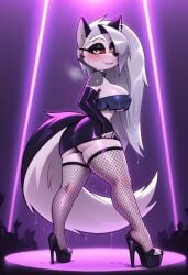 ai_generated breasts female fishnet_legwear furry gondor952 hellhound helluva_boss high_heels jizoku_(ai_style) loona_(helluva_boss) skirt thick_thighs thighs