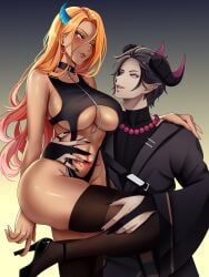 1boy ass ass_visible_through_thighs beads black_hair black_kimono black_nails breasts brown_eyes collar commission couple demon_boy demon_horns dragon_girl dragon_horns ear_piercing female high_heels hime_tyan_art holding_another's_leg large_breasts lip_piercing looking_at_another multicolored_hair original painttool_sai_(medium) pointy_ears tattoo thighhighs two-tone_background two-tone_hair virtual_youtuber