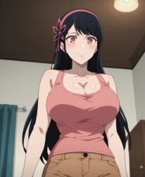 1girls ai_generated asian asian_female bare_legs black_hair blush female female_only gigantic_breasts hairband huge_breasts huge_thighs jean_shorts light-skinned_female light_skin long_hair looking_down low-angle_view massive_breasts pink_eyes smiling solo subaruarm tank_top thick_thighs thighs tower_of_god voluptuous voluptuous_female yeon_yihwa