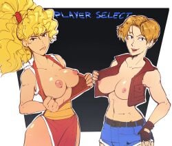 2girls blonde breasts capcom female final_fight fingerless_gloves flashing_breasts lucia_morgan maki_genryusai presenting presenting_breasts short_hair tomboy