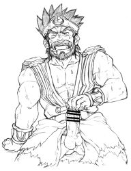 balls bar_censor bara beard boner censor_bar censored censored_penis dragon_quest dragon_quest_iii erection facial_hair male male_only monochrome muscles muscular one_eye_closed ortega_(dq3) penis penis_out saba_ice solo solo_male sweat sweating tunic