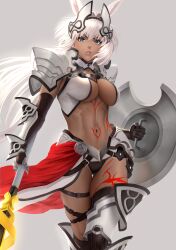 1girls abs animal_ears armor bangs belly belly_button big_breasts bikini black_bikini black_gloves black_panties black_thighhighs blue_eyes body_markings breasts caenis_(fate) cape cleavage dark-skinned_female dark_skin elbow_gloves fate/grand_order fate_(series) faulds female female_focus female_only gloves grey_background hair_intakes headpiece hi_res high_resolution highleg highleg_bikini highres holding holding_object holding_weapon large_breasts long_hair looking_at_viewer navel open_mouth panties parted_lips pauldrons polearm ponytail red_cape shield shoulder_armor simple_background solo solo_female spear stomach swimsuit tattoo tattoos teeth thigh_gap thighhighs waist_cape weapon white_hair yamaneko_(tkdrumsco)