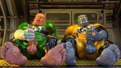 16:9 2boys 3d_(artwork) 5_toes alien alternate_version_available anthro arkillo balls bara bodily_fluids cum cum_covered cum_on_feet darkviperbara dc dc_comics digital_media_(artwork) duo erection feet gay genital_fluids genitals green_lantern green_lantern_(series) hi_res humanoid humanoid_feet hypnotic_eyes kilowog male masturbation messy muscular muscular_anthro muscular_male penis plantigrade power_ring ring sinestro_corps sitting soles toes widescreen yaoi yellow_lantern