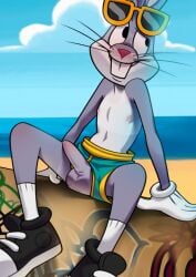 2024 absurd_res anthro balls beach blush buckteeth bugs_bunny clothed clothing erection footwear fur genitals grey_body grey_fur hairlessboyblunder hi_res lagomorph leporid looney_tunes male mammal nipples penis rabbit shoes sitting smile solo teeth topless warner_bros warner_brothers