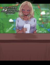 1girls big_breasts blonde_female blonde_hair blonde_hair_female blush character_request dark-skinned_female dark_skin drooling english_text female female_focus female_only fi_zz_ill implied_sex meryl_(mha) my_hero_academia news news_reporter partially_clothed shounen_jump stealth_sex tagme text weather_girl