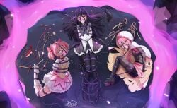 3girls akemi_homura arms_behind_back ball_gag black_hair black_pantyhose bondage boots bound breasts gag gag_harness gagged gun handgun highres knee_boots liclac long_hair madoka_kaname magical_girl mahou_shoujo_madoka_magica mahou_shoujo_madoka_magica_(anime) multiple_girls pantyhose pink_hair restrained shibari_over_clothes skirt small_breasts socks tamaki_iroha thigh_boots twintails weapon