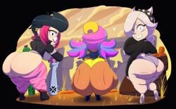 3girls ass ass_cleavage bat_(object) bibi_(brawl_stars) big_ass black_hair boots booty_shorts bottom_heavy brawl_stars breasts bubble_butt butt_crack cellulite choker colette_(brawl_stars) crouching dat_ass ear_piercing earrings face_mask fat_ass female female_only goth goth_girl hat heels huge_ass jacket large_ass looking_at_viewer looking_back mandy_(brawl_stars) mc_mandy_(brawl_stars) outdoors pants pants_down piercing pink_hair png shirt shoes shorts shortstack smile squatting thick_ass thick_thighs twerking underground_(artist) vicious_bibi_(brawl_stars) weapon wide_hips