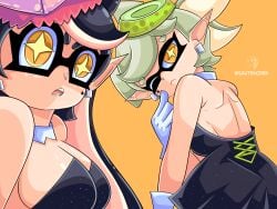 2girls artist_name breasts callie_(splatoon) cleavage detached_collar earrings hair hair_ornament inkling inkling_girl looking_at_viewer marie_(splatoon) mole mole_under_eye one_eye_closed open_mouth orange_background pointy_ears sautencrer simple_background splatoon splatoon_(series) splatoon_1 squid_sisters tentacle tentacle_hair white_collar white_detached_collar wink winking_at_viewer yellow_eyes