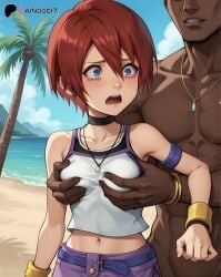 ai_generated ainoob17 beach blue_eyes dark-skinned_male groping kairi kingdom_hearts open_mouth rape red_hair tagme tears