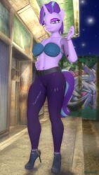 3d bra eyeshadow friendship_is_magic hand_on_hip high_heels kevhon latex latex_pants lipstick looking_at_viewer my_little_pony nail_polish night pants seductive solo solo_female source_filmmaker starlight_glimmer street