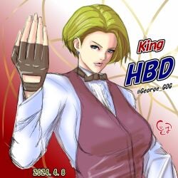 1girls big_breasts blonde_hair blue_eyes bowtie earrings female gloves king_(snk) king_of_fighters light-skinned_female light_skin long_sleeves shirt short_hair white_shirt