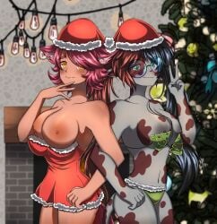 black_hair christmas cow_girl cow_spots erisaconitum_(vtuber) green_eyes grey_skin lord_vermire lord_vermire_clan piercing pinkyugo red_hair split_color_hair virtual_youtuber vtuber yellow_eyes